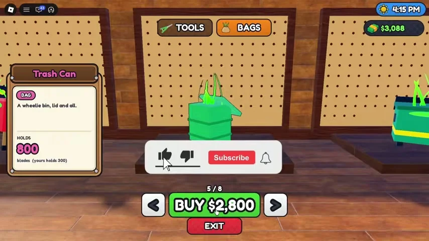 Bags tab with selected Trash Can and capacity panel